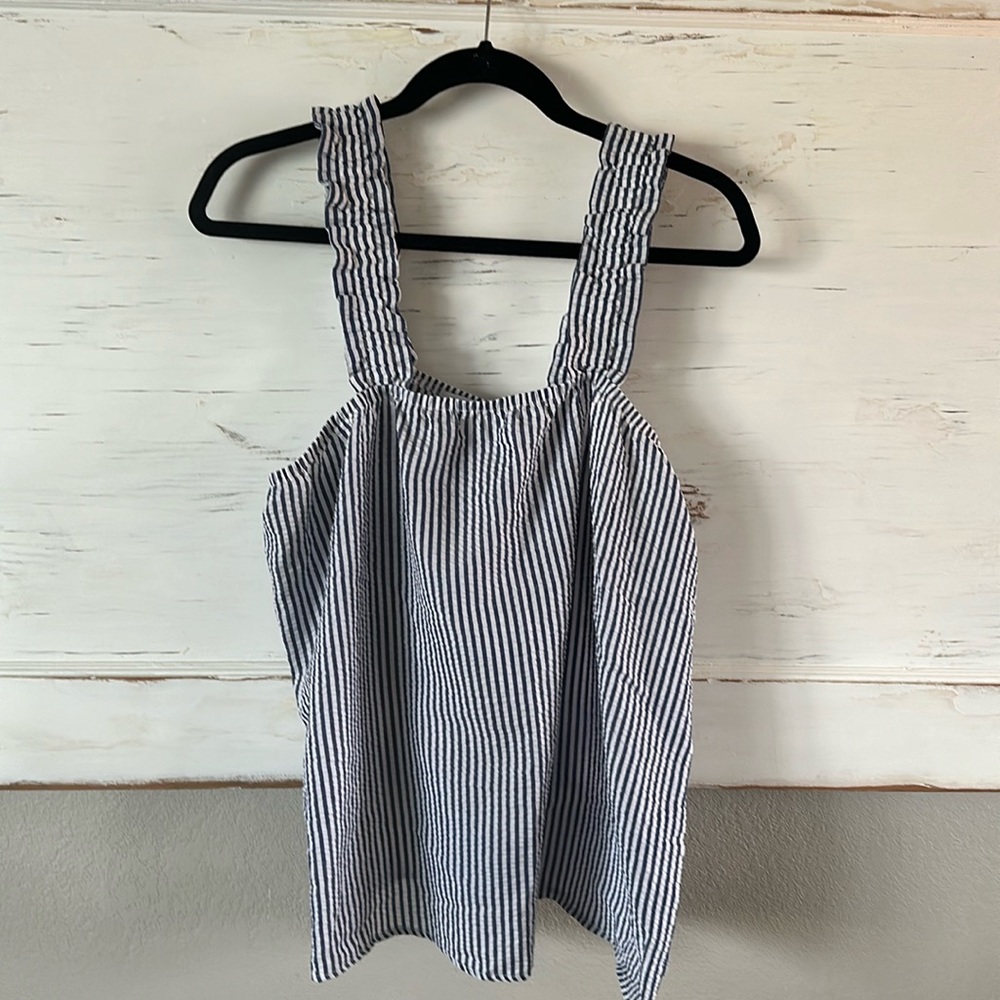 Size Large Pajama set with feminine ruffle straps and shorts. Navy and white.